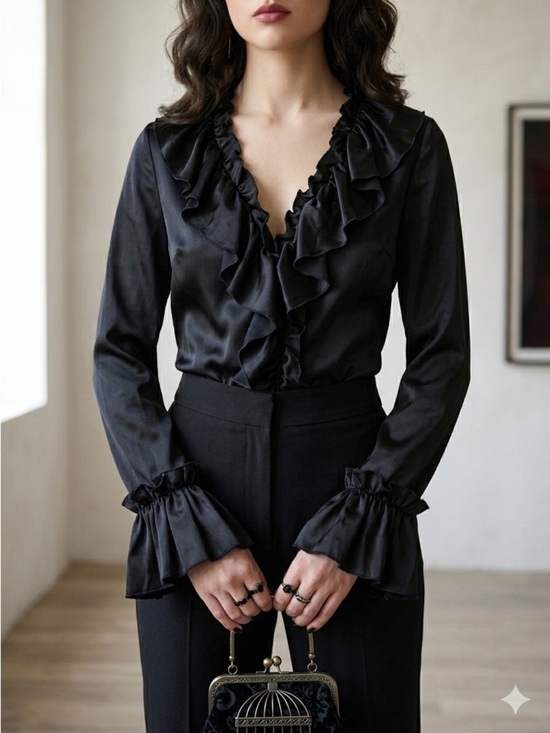 Tory Burch Tops - Tory Burch Black Silk Long Sleeve Ruffle Blouse - US 2 (XS)